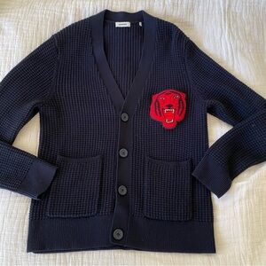 SANDRO Red Tiger Patch Wool-blend Cardigan Pockets Navy Blue V Neck Size L